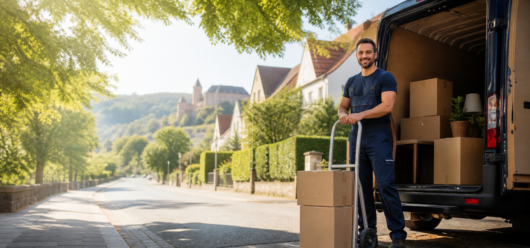 Umzugsfahrzeug in einer regionalen Wohnstraße
