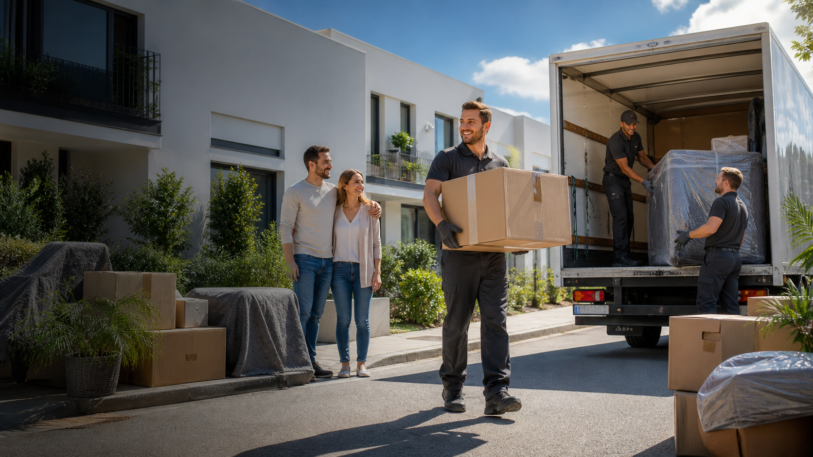 Setra Umzüge Team bei einem Wohnungsumzug vor einem modernen Wohnhaus